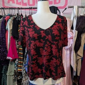 Ronni Nicole Black and Red Floral Glitter Design Top